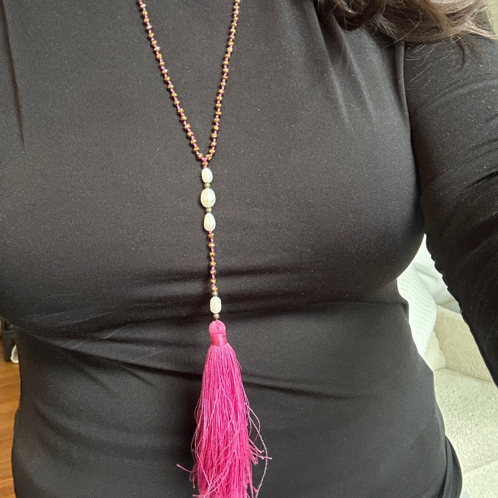 Pink Beaded Tassel Necklace
